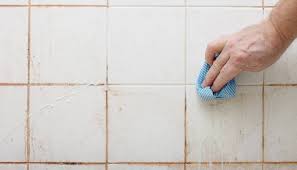 Hand scrubbing stained grout on bathroom tiles.
