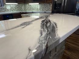 Glossy epoxy countertop with black marble swirl.